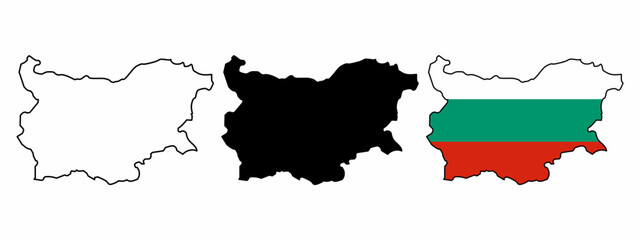 Vector set of Bulgaria map in three styles: outline, solid black silhouette, and filled with national flag colors. Ideal for educational use, infographics, presentations, or travel-themed designs.