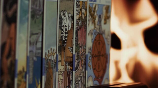 Abstract Mystic Fortune Teller Game Tarot Cards and Fire Behind