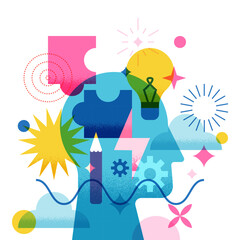 Head with puzzle, light bulb, flash, gear, cloud symbols. Vector concept for creativity mind, innovation education © Qualit Design