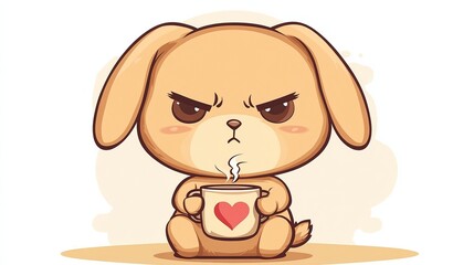 A cute, cartoon-style bunny with an angry expression sits holding a steaming cup with a heart design, This image can be used for greeting cards, children's products, or social media content,