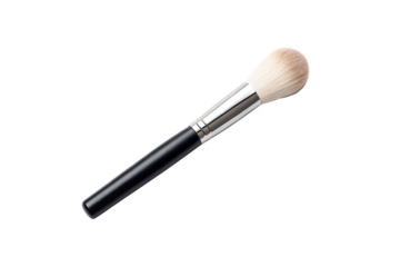 Fluffy makeup brush with pale bristles, silver ferrule and black tapered handle, isolated on a transparent background