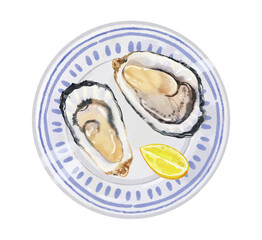 Watercolor hand painted raw seafood oysters with lemon on plate simple sketch illustration on white background. DIY elements for French cuisine menu, social media, ads and posters