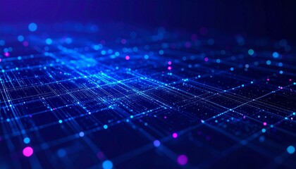 Abstract digital technology background with a glowing grid and particles. Futuristic data and network connection concept.