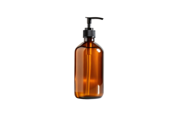 Amber glass pump bottle with black dispenser for liquid soap products, isolated on a transparent background