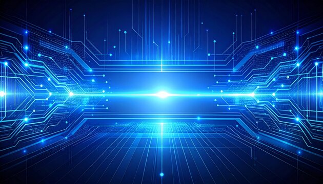 Futuristic digital technology background with glowing blue light, illustrating electronic circuit pathways and data connection concepts.