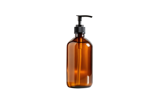 Amber glass pump bottle with black dispenser for liquid soap products, isolated on a transparent background