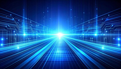 High-speed data transmission through a futuristic digital tunnel with glowing circuit patterns