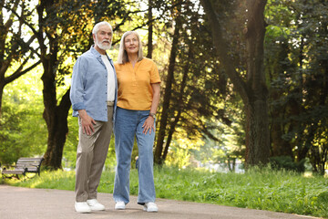 Fototapeta premium Lovely senior couple walking together in park, space for text