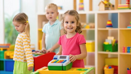 Children playing in a colorful classroom with a cash register toy, engaging in imaginative play and learning.