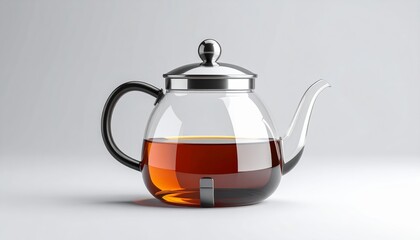 Elegant clear glass teapot with freshly brewed tea on a light background