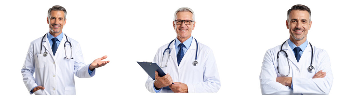 Set Happy Medical Doctor with Raised Hand Gesture Greeting or Explaining, Looking at Camera, Isolated on Transparent Background PNG