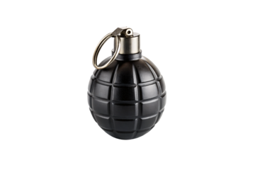 Dark tactical pineapple grenade with textured surface pattern and silver pin mechanism attached, isolated on a transparent background