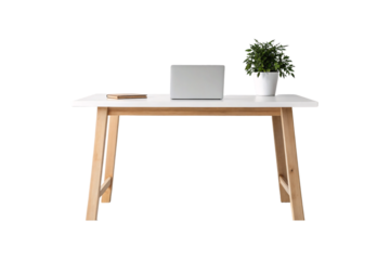 Minimalist modern desk with laptop, notebook, and small potted plant on wooden legs, isolated on a transparent background