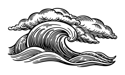 Download  Storm Wave, Vintage Tide And Ocean Beach Storms Hand Drawn Vector Illustration Set Eps File For Design.