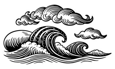 Download  Storm Wave, Vintage Tide And Ocean Beach Storms Hand Drawn Vector Illustration Set Eps File For Design.