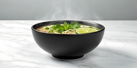 Steaming Bowl of Asian Noodle Soup with Lime and Parsley Garnishes asian cuisine broth