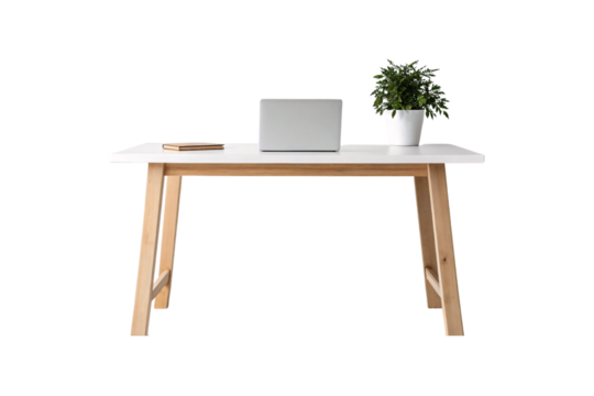 Minimalist modern desk with laptop, notebook, and small potted plant on wooden legs, isolated on a transparent background