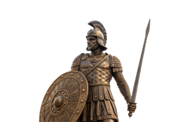 Bronze Roman warrior statue with sword raised, detailed armor and round shield in battle, isolated on a transparent background
