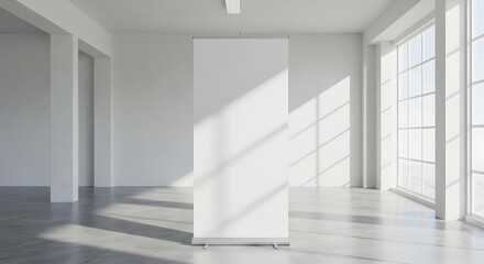 Blank Roll-Up Banner Mockup in Sunny Empty Modern Interior with Windows