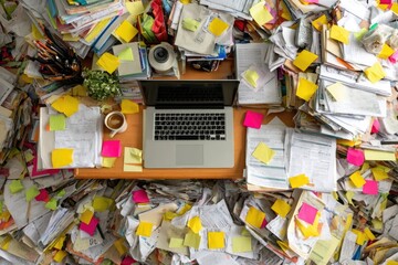 Overwhelmed desk overflowing with papers and sticky notes, laptop in the center