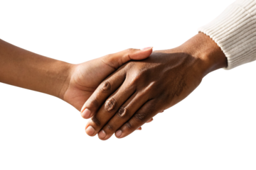 Two hands shaking in greeting gesture, one light-skinned one dark-skinned, professional handshake meeting, isolated on a transparent background