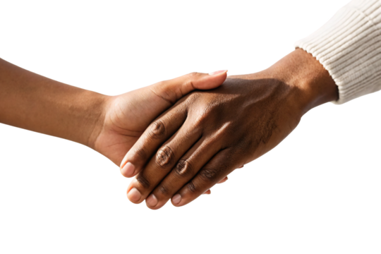 Two hands shaking in greeting gesture, one light-skinned one dark-skinned, professional handshake meeting, isolated on a transparent background