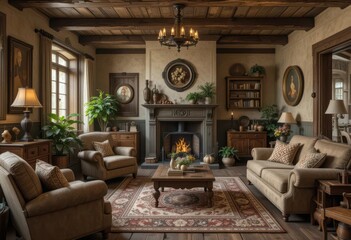  Vintage decor with rustic touches for a living room. Antique furniture with a fireplace. Cozy atmosphere with rustic decoration.