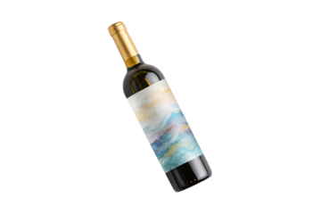 Dark wine bottle with ethereal watercolor cloudy sky design in blue pink cream colors, isolated on a transparent background