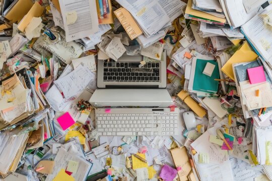 Laptop and keyboard amidst a pile of papers and sticky notes
