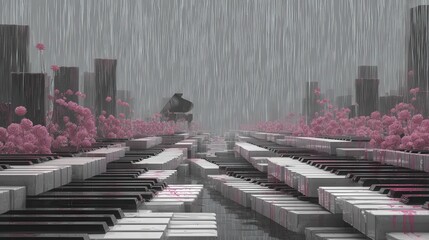Rain of piano keys over surreal city, white, black, soft rose 