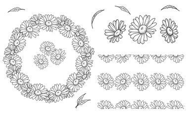 A set of black and white outline elements flowers isolated individual daisies, bouquets, leaves, wreath and seamless pattern for summer and spring design.