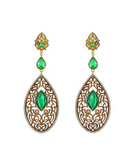 Jewelry design vintage art earrings with emerald by hand drawn.