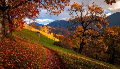 Naklejka premium A picturesque walking trail winds through a vibrant autumn landscape with colorful foliage and rolling hills.