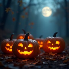 Obraz premium Halloween pumpkin on wooden table surrounded by autumn leaves candlelight and foggy forest background