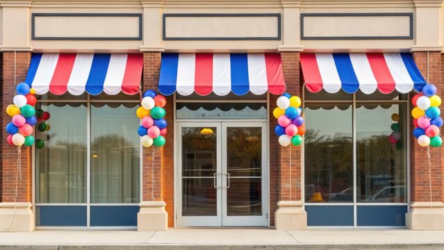 Storefront featuring colorful awnings and balloon decorations, creating a festive atmosphere for potential customers.