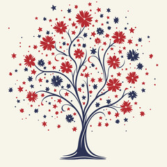 A tree with red, blue and white flowers and stars. The tree is a symbol of growth and hope