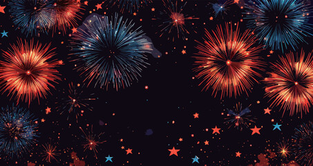 Fototapeta premium A fireworks display with red, blue, and white fireworks. The fireworks are lit up in the night sky, creating a festive and celebratory atmosphere