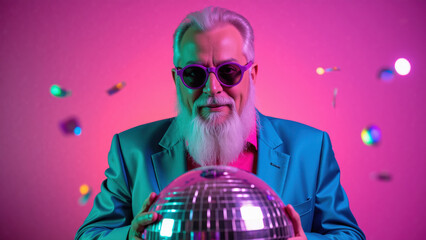 Stylish man with silver beard wearing sunglasses, holding disco ball, vibrant colors, party atmosphere, retro fashion, joyful expression
