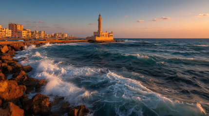 Alexandria coastline with lighthouse and waves at golden hour
