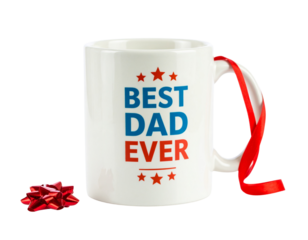  Ceramic Mug with "Best Dad Ever" Graphic and Gift Ribbon, Angled View with Decorative Elements, PNG Isolate