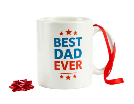  Ceramic Mug with "Best Dad Ever" Graphic and Gift Ribbon, Angled View with Decorative Elements, PNG Isolate