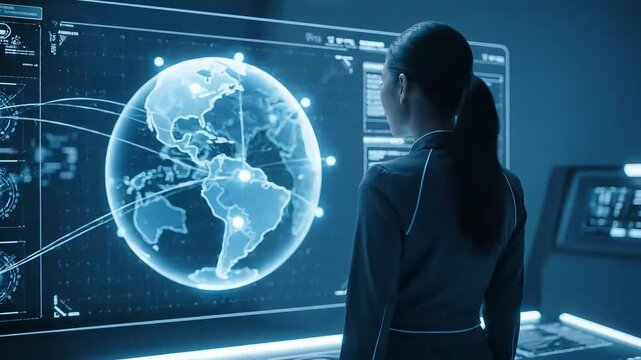 Female Analyst in a Futuristic Command Center Monitoring a Holographic Earth and Global Data Streams