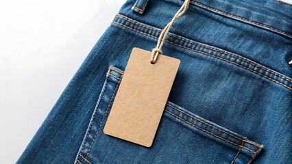 Blue jeans with blank cardboard tag hanging from pocket
