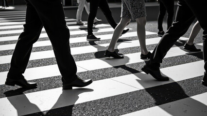 Walking feet on crosswalk create dynamic scene in black and white, showcasing movement and urban life