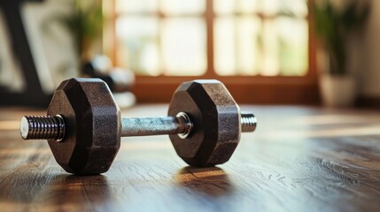 A pair of black dumbbells on a wooden floor in a well-lit room with a window in the background.