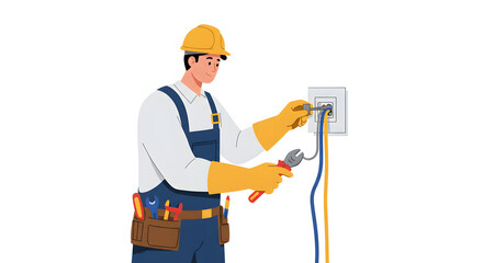 Professional electrician in uniform installing a wall socket. Electrical maintenance and repair service concept illustration.