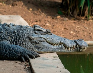 Obraz premium Close-up of a crocodile resting by water