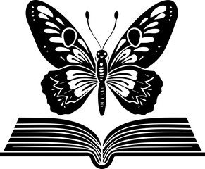 Book and Butterfly Vector Illustration in Black and White