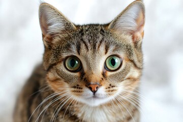 Obraz premium Playful tabby cat portrait indoor setting animal photography soft background close-up view captivating expressions