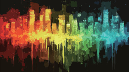 A colorful painting of a city skyline with a rainbow in the background. The painting is abstract and has a vibrant, energetic feel to it